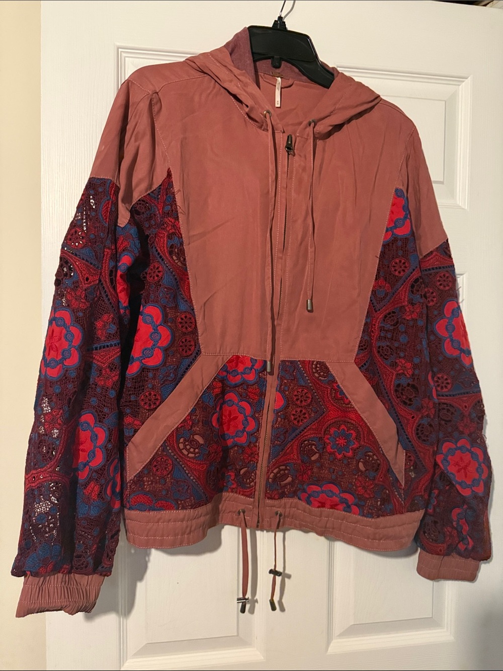 Free People Dusty Rose Hooded Bomber with Red & Blue Lace Panels